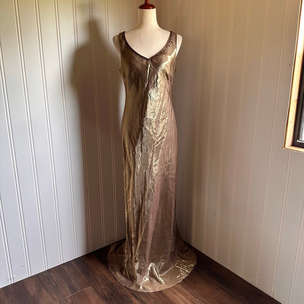 Alex Evenings Gold Satin V-Neck Midi Dress